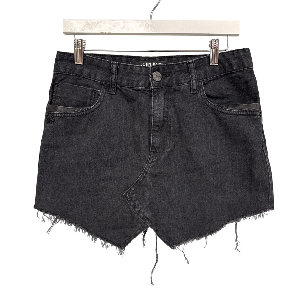 John John Denim Skirt Women 28 Black Distressed Raw Hem Asymmetric Edgy Grunge